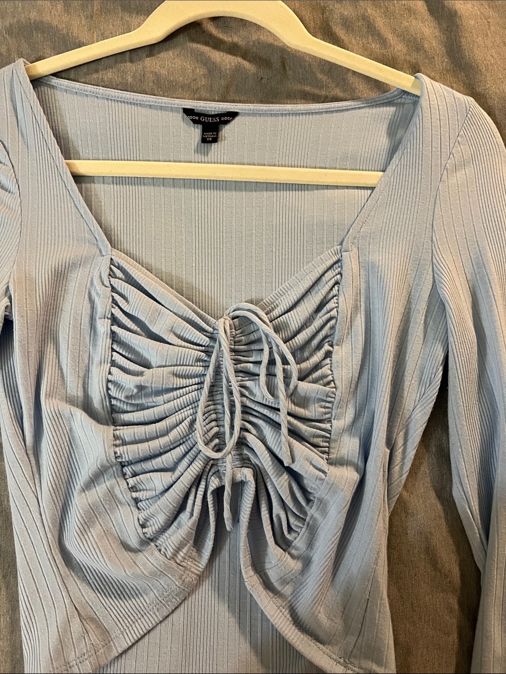 Guess Light Blue Ribbed Lace-Up Ruched Long Sleeve Top